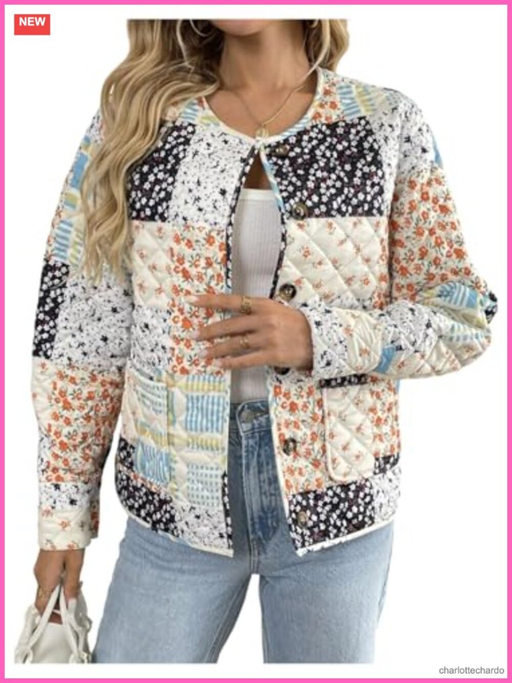 Quilted Floral Patchwork Button Down Jacket Long Sleeve Puffy Coat
